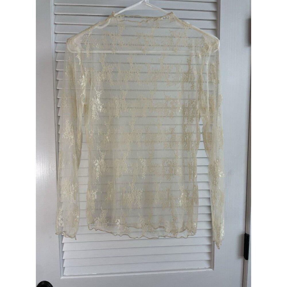 De Vave Beige Cream High Neck Sheer Lace Long Sleeve Sz L NWOT